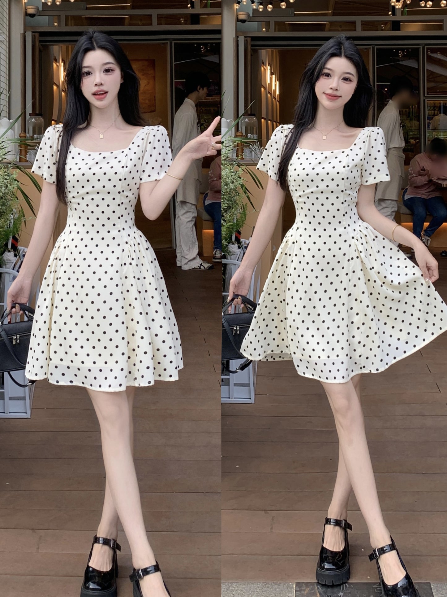 Vintage Polka Dot A-Line Mini Dress With Square Neck & Puff Sleeve