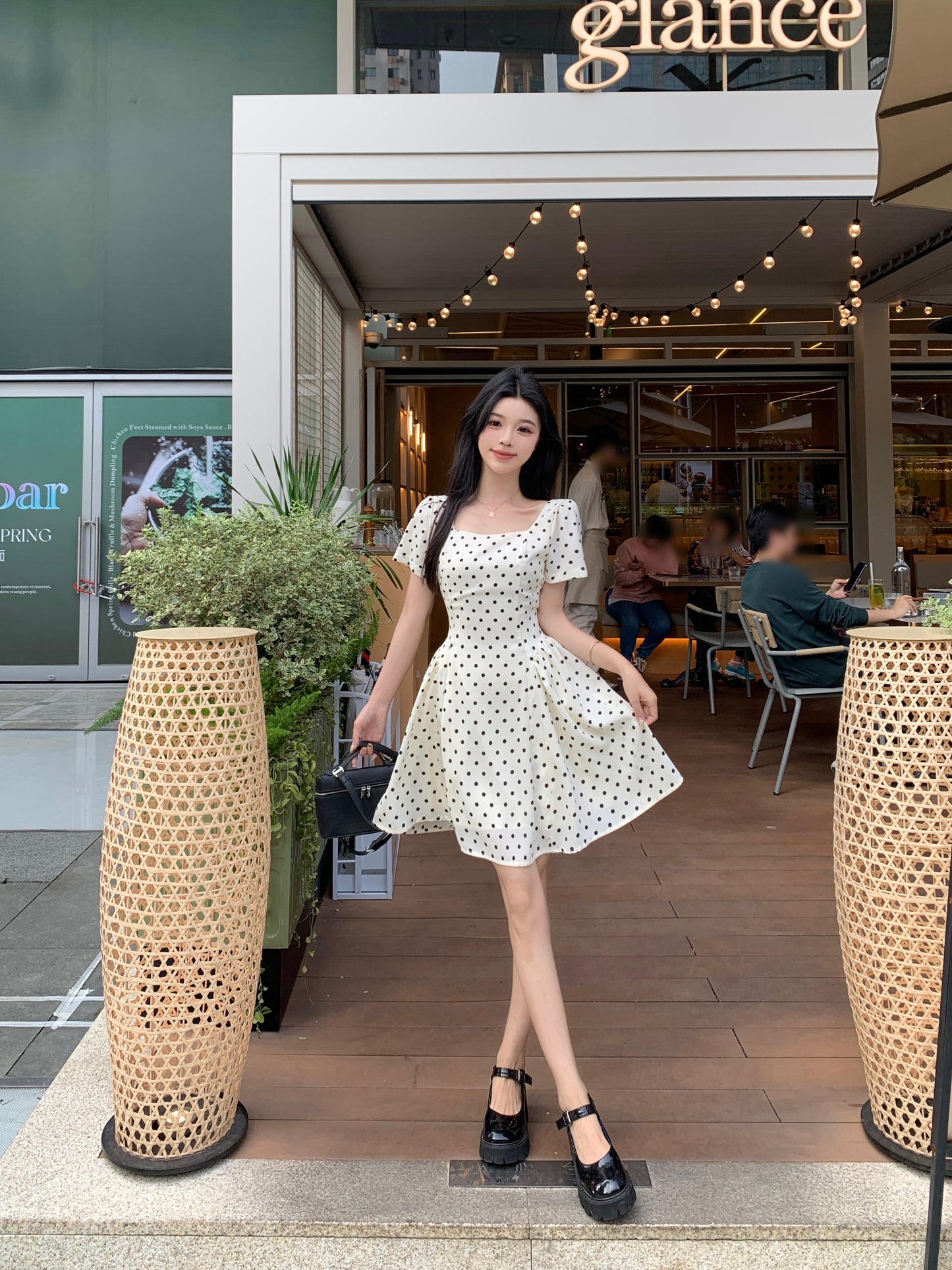 Vintage Polka Dot A-Line Mini Dress With Square Neck & Puff Sleeve
