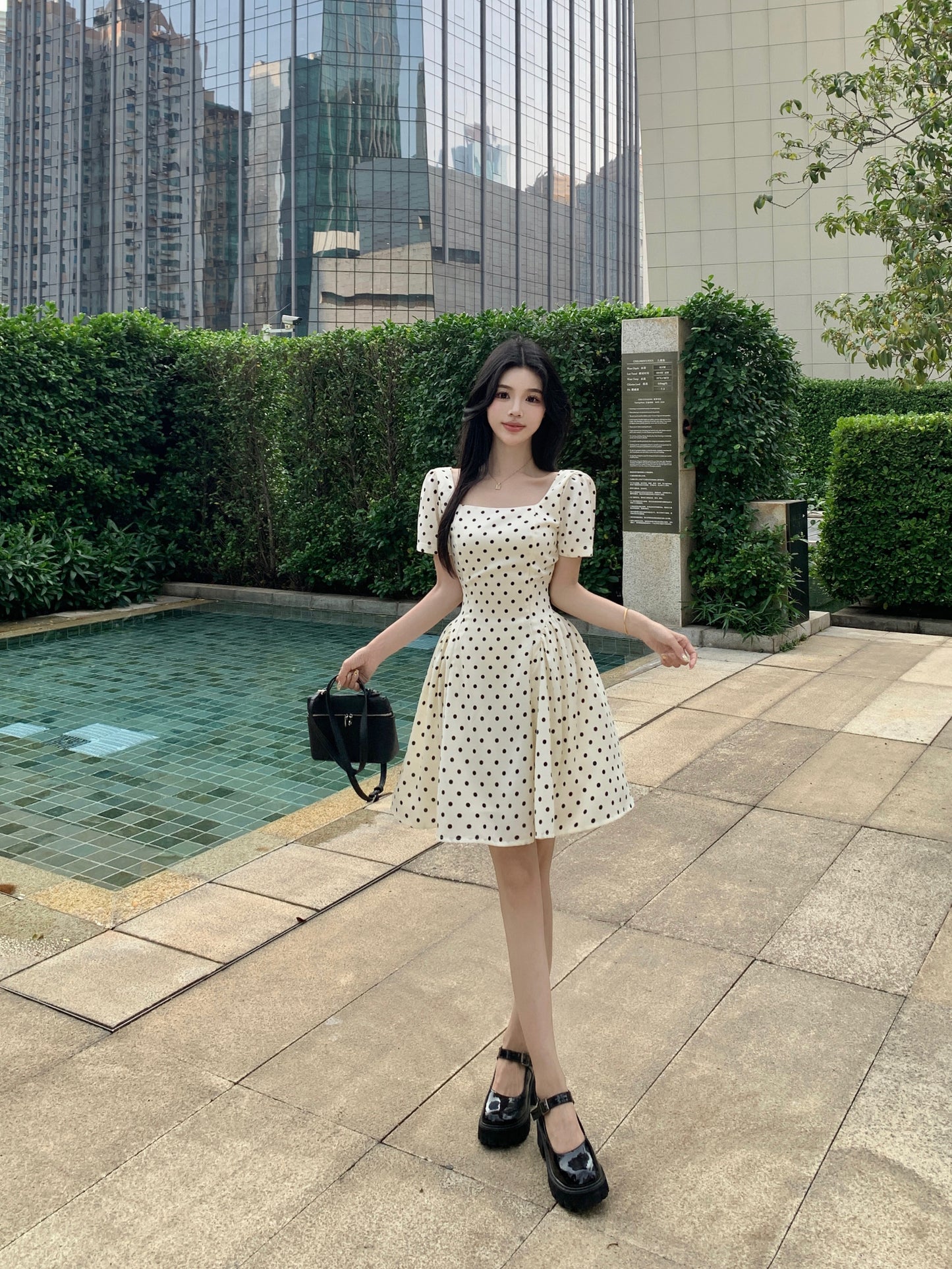 Vintage Polka Dot A-Line Mini Dress With Square Neck & Puff Sleeve
