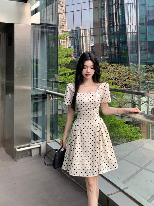 Vintage Polka Dot A-Line Mini Dress With Square Neck & Puff Sleeve