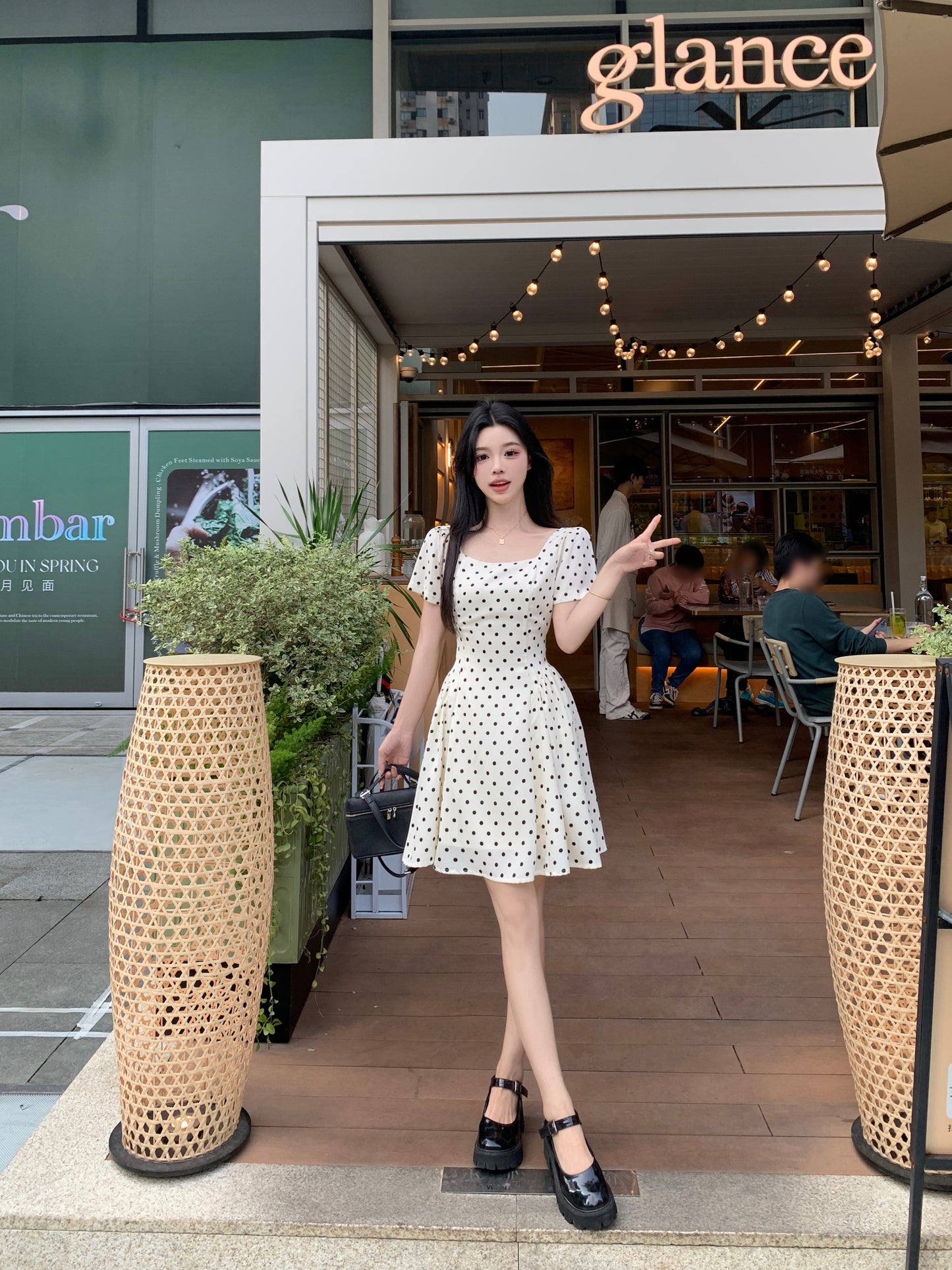 Vintage Polka Dot A-Line Mini Dress With Square Neck & Puff Sleeve