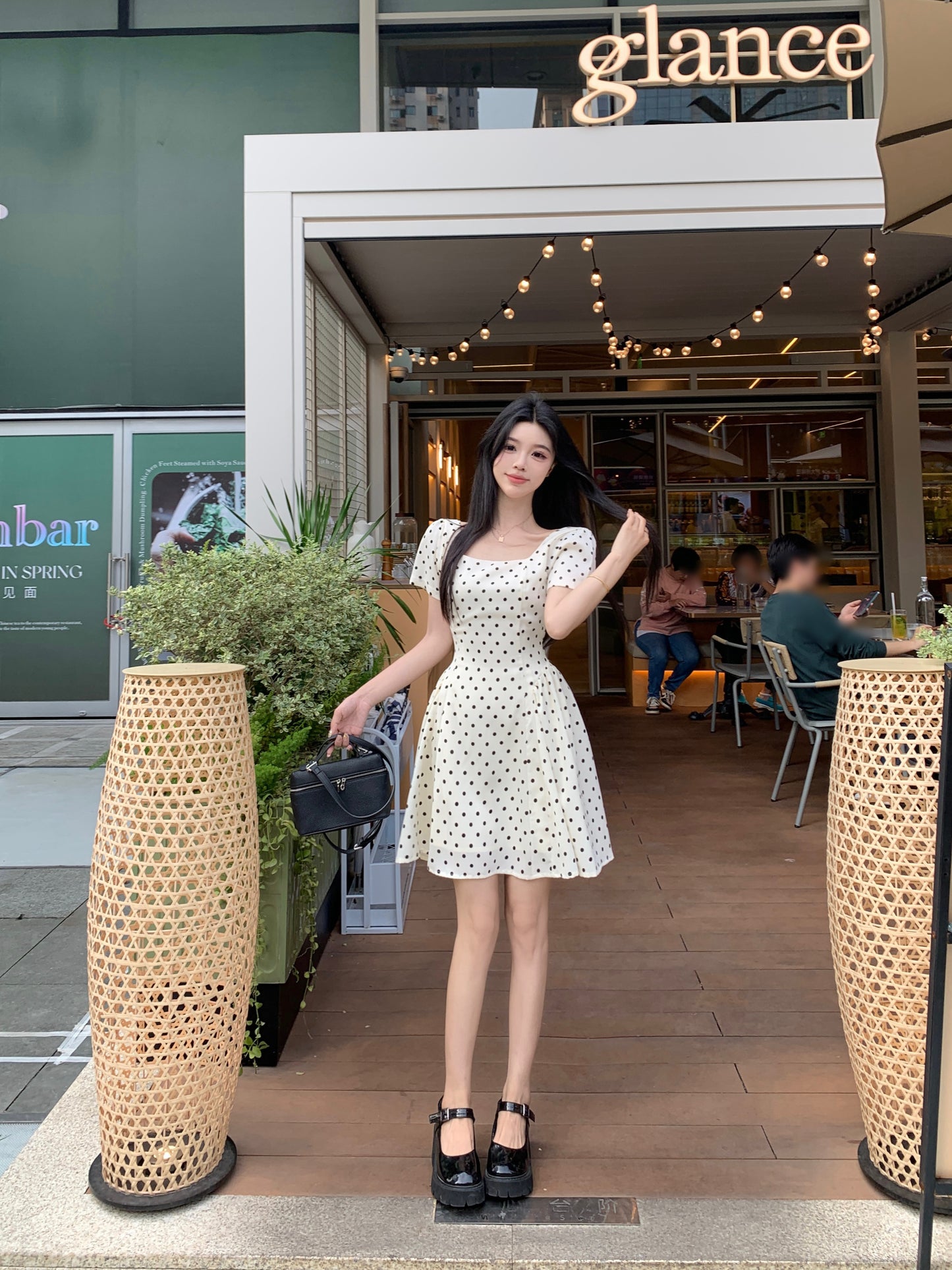 Vintage Polka Dot A-Line Mini Dress With Square Neck & Puff Sleeve