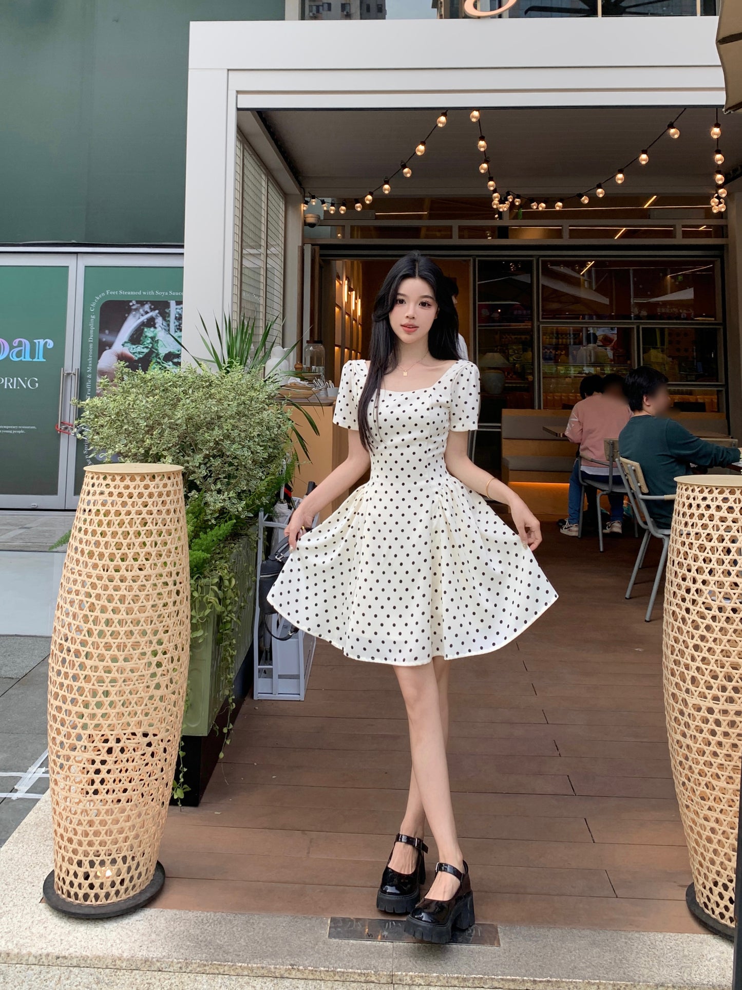 Vintage Polka Dot A-Line Mini Dress With Square Neck & Puff Sleeve