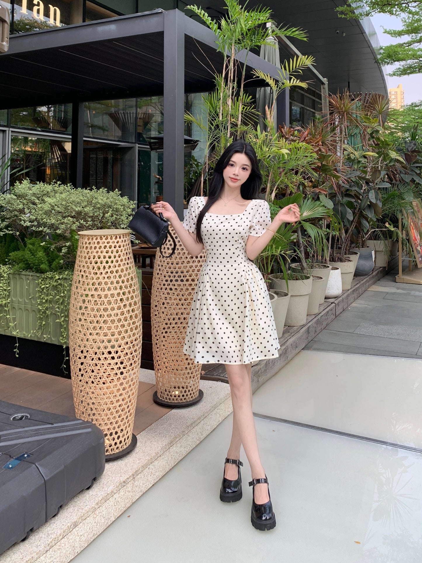 Vintage Polka Dot A-Line Mini Dress With Square Neck & Puff Sleeve
