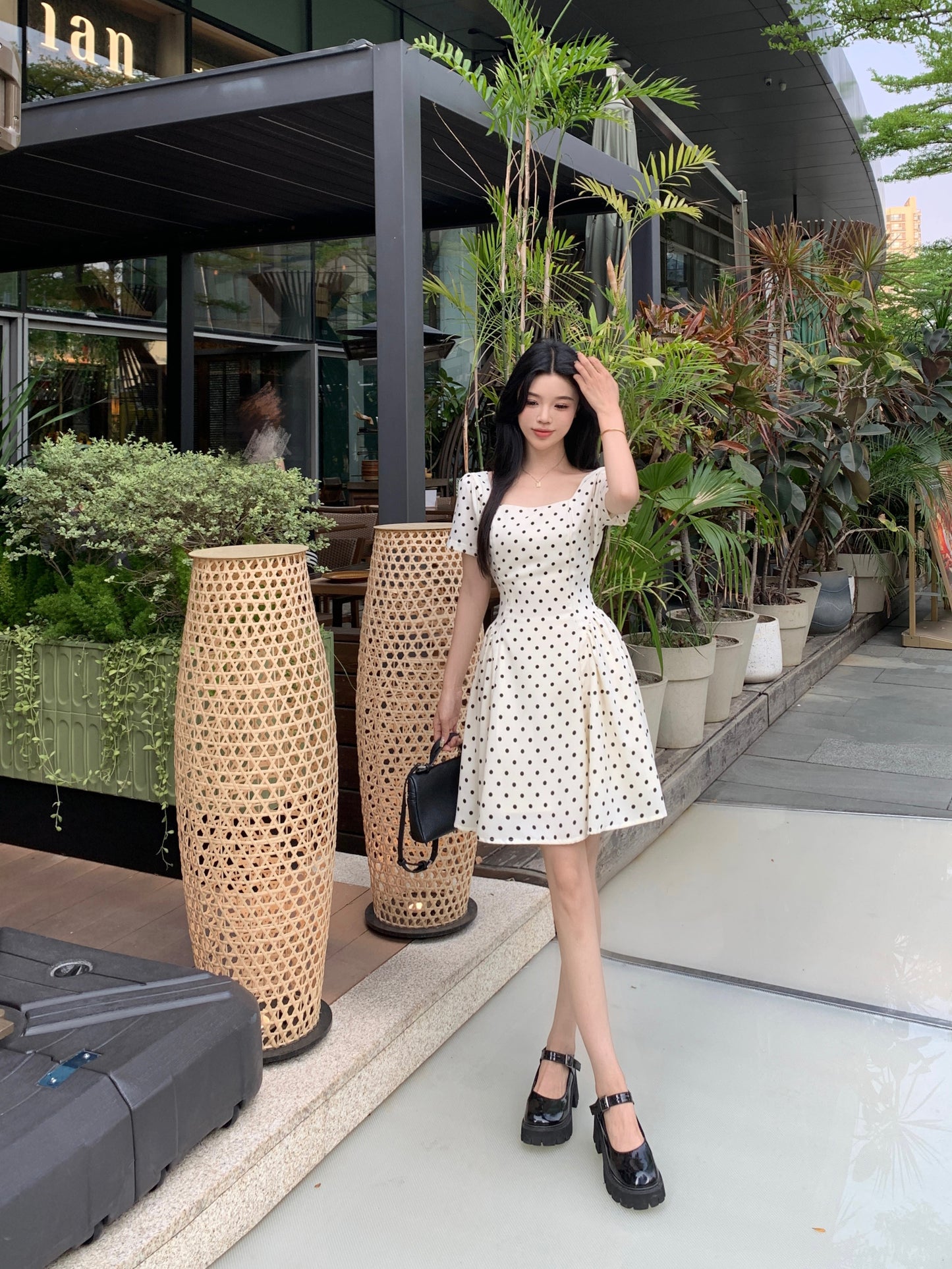Vintage Polka Dot A-Line Mini Dress With Square Neck & Puff Sleeve