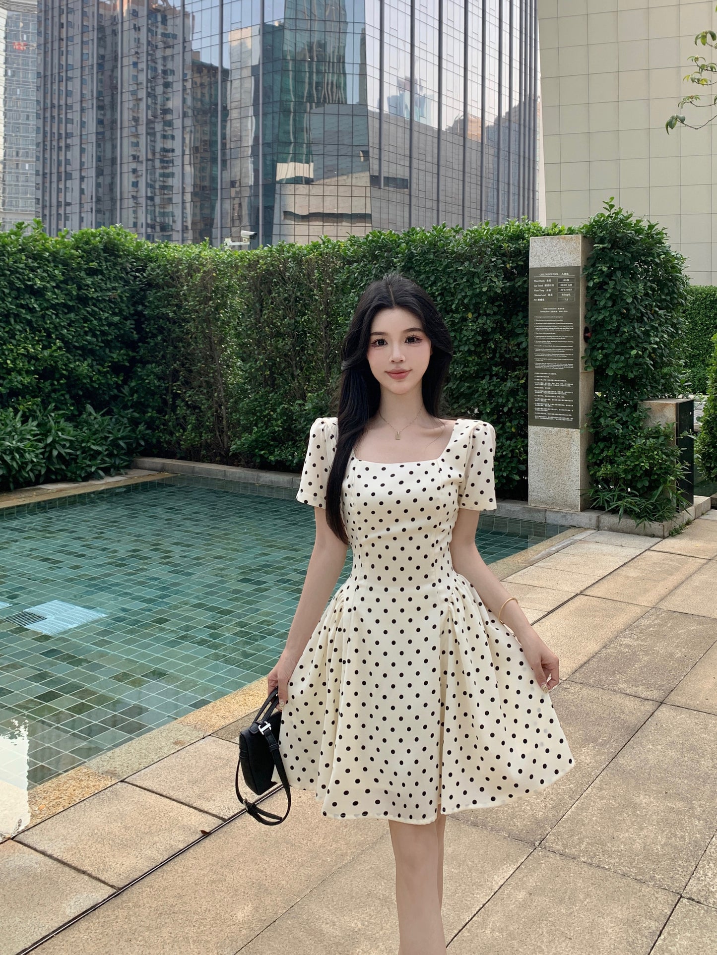 Vintage Polka Dot A-Line Mini Dress With Square Neck & Puff Sleeve