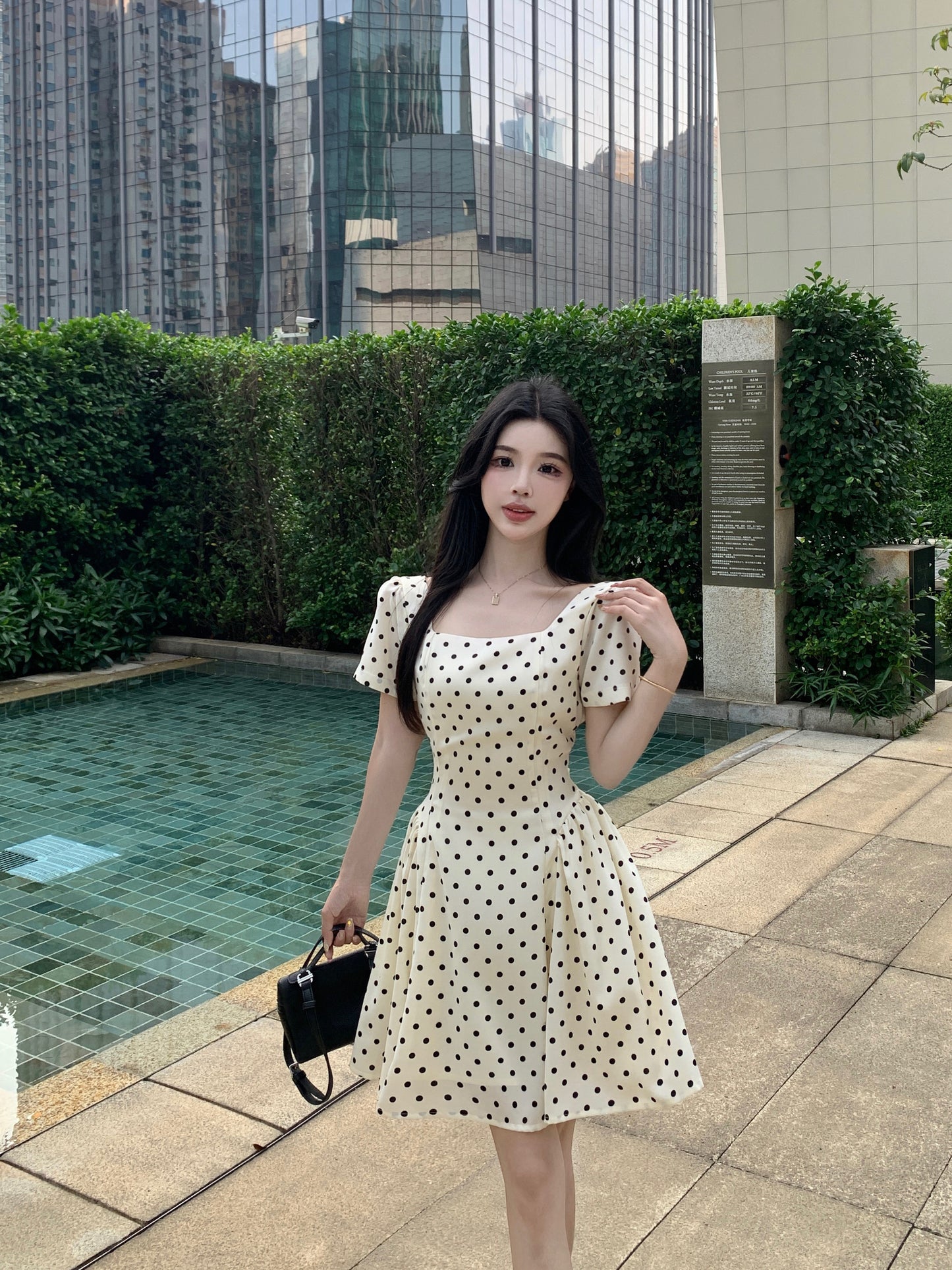 Vintage Polka Dot A-Line Mini Dress With Square Neck & Puff Sleeve