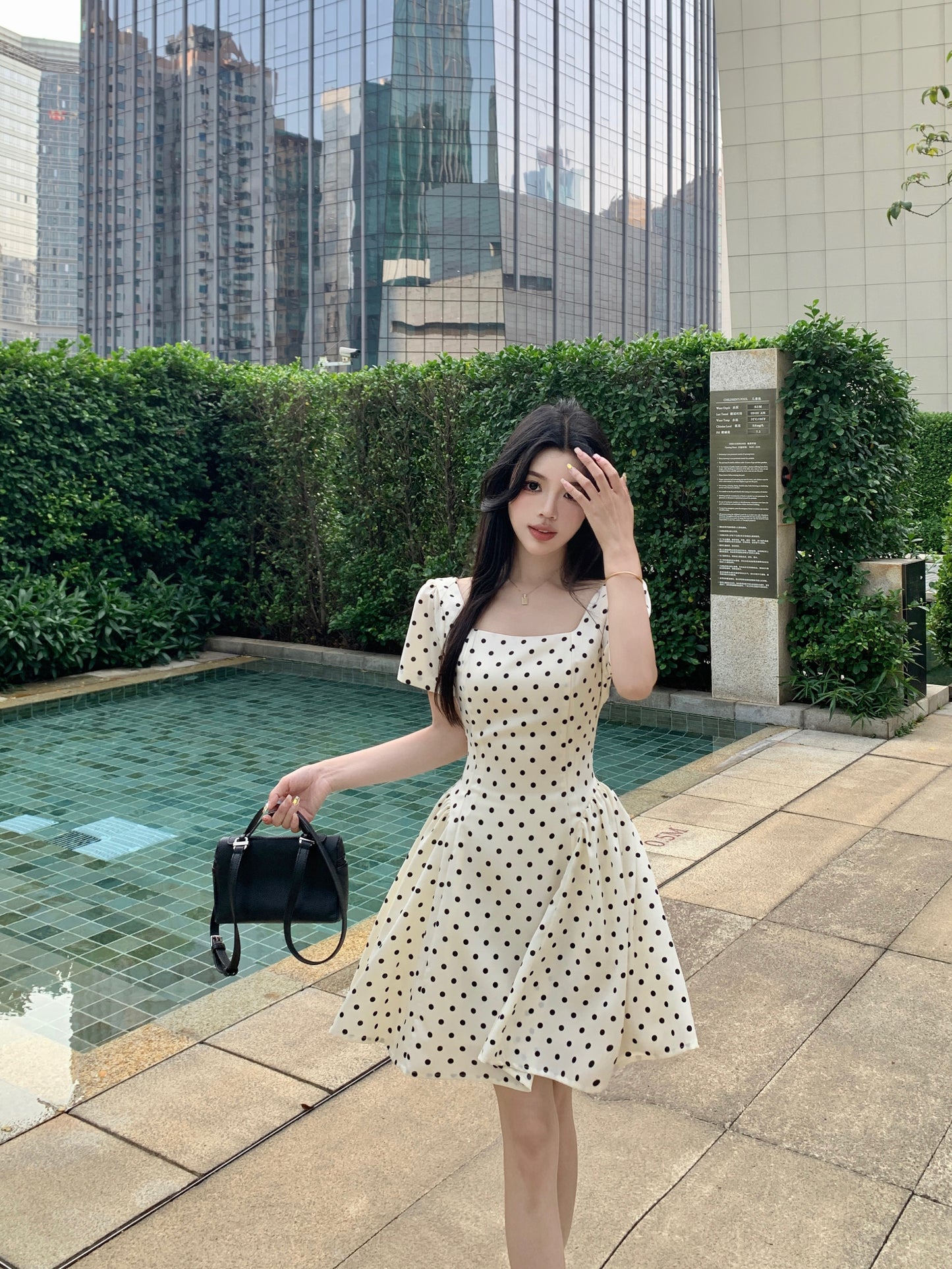 Vintage Polka Dot A-Line Mini Dress With Square Neck & Puff Sleeve
