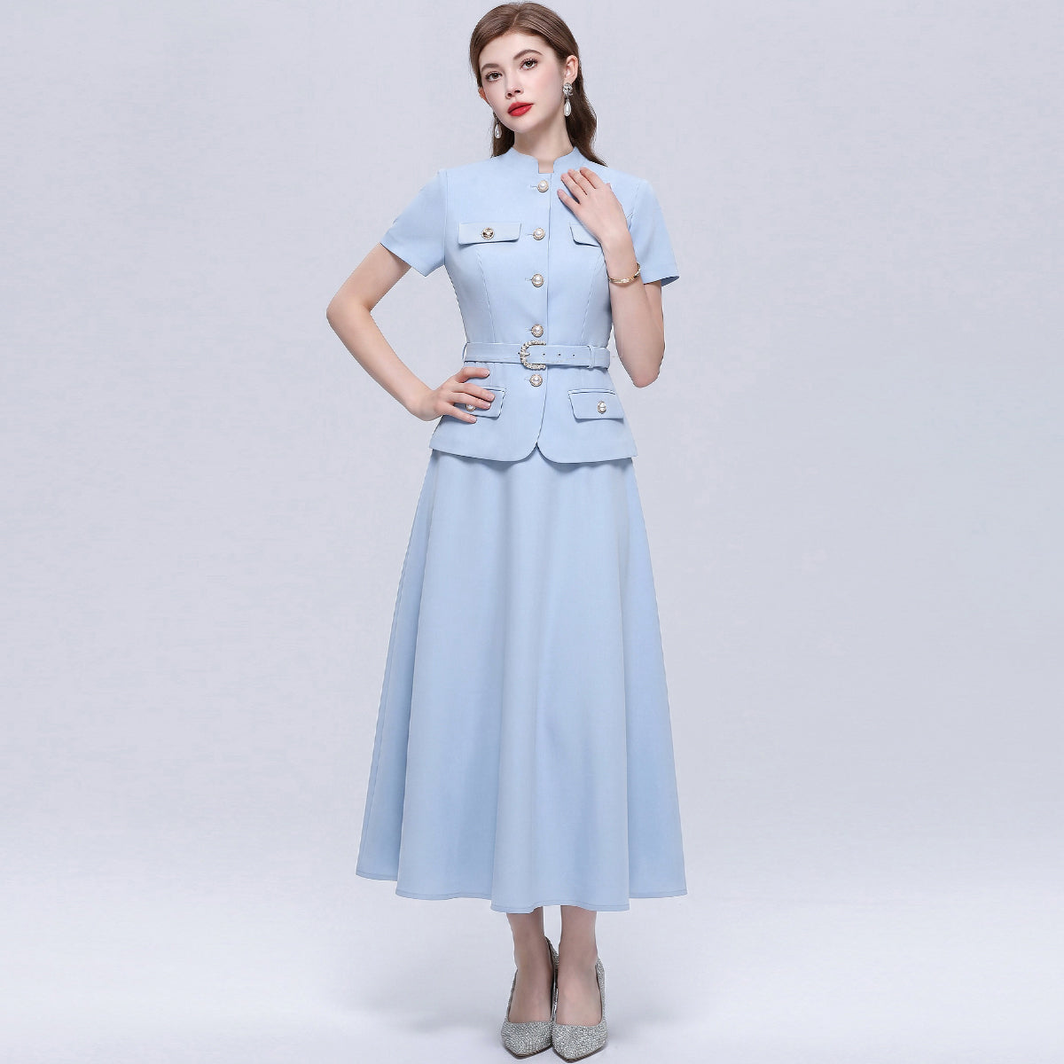 Powder Blue Belted Blazer Style Midi Dress