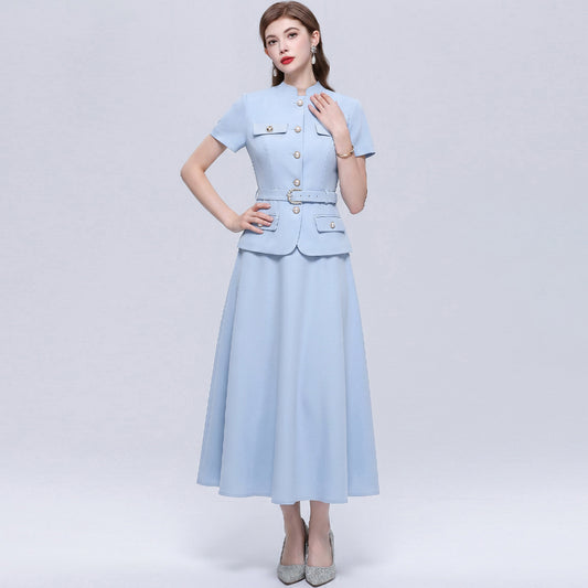 Powder Blue Belted Blazer Style Midi Dress