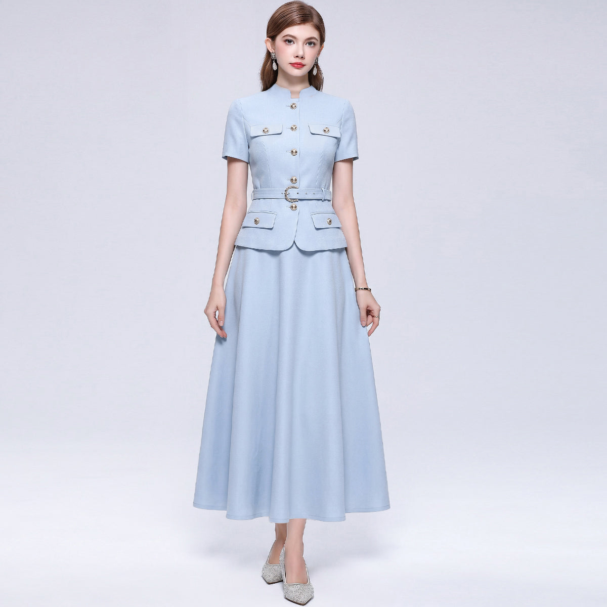 Powder Blue Belted Blazer Style Midi Dress