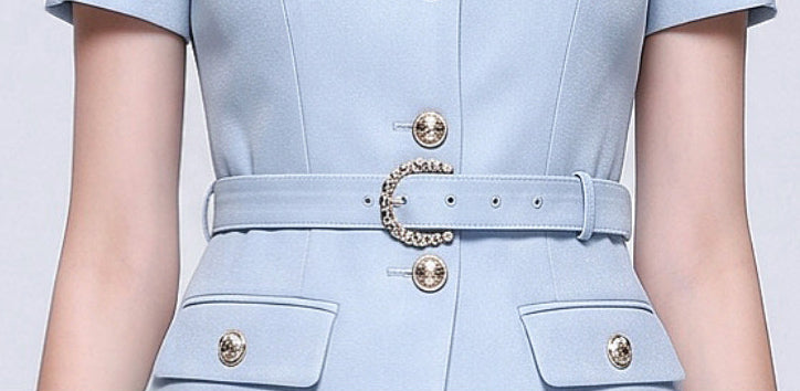 Powder Blue Belted Blazer Style Midi Dress
