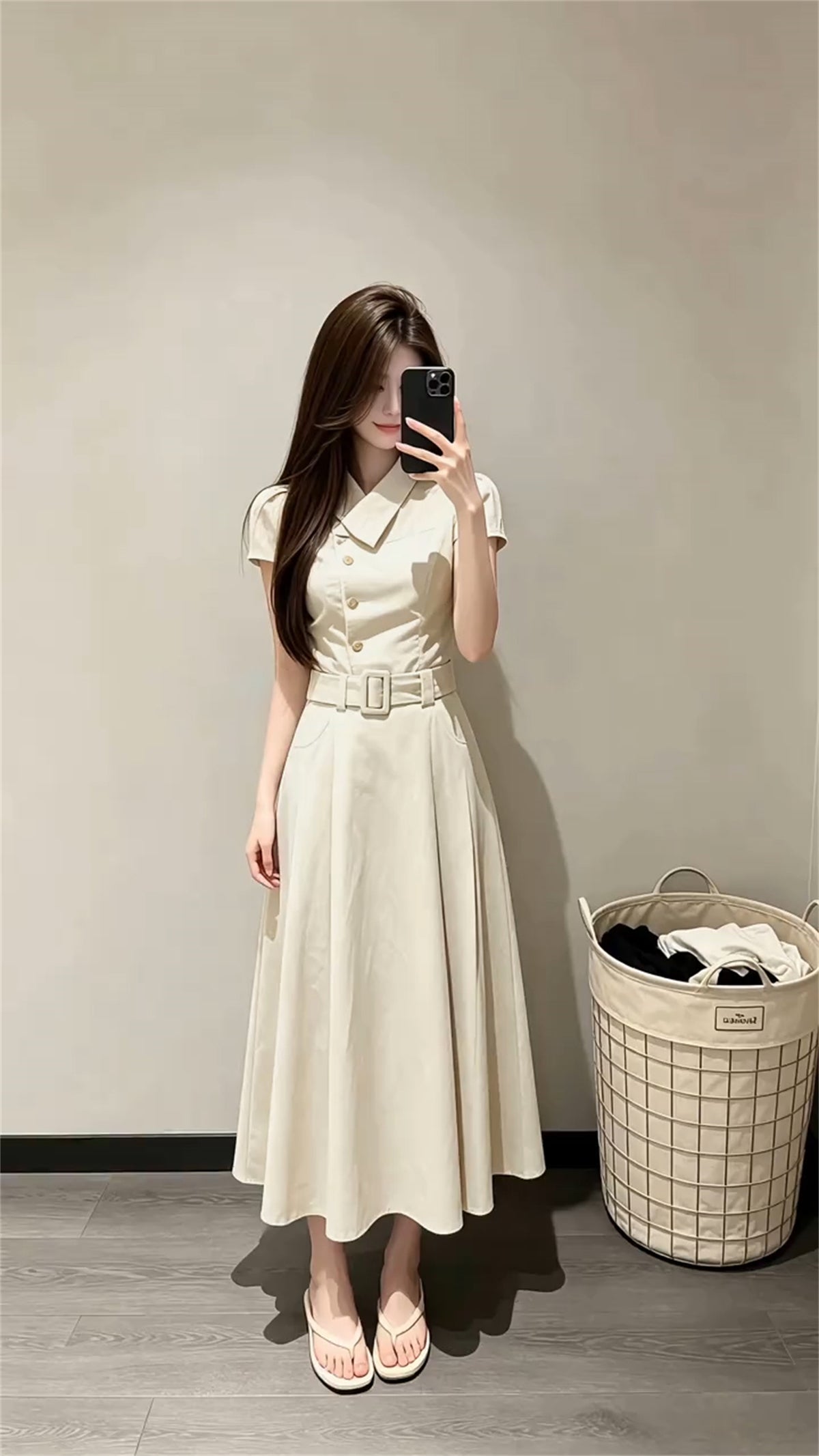 Preppy Lapel Belted Trench Midi Dress