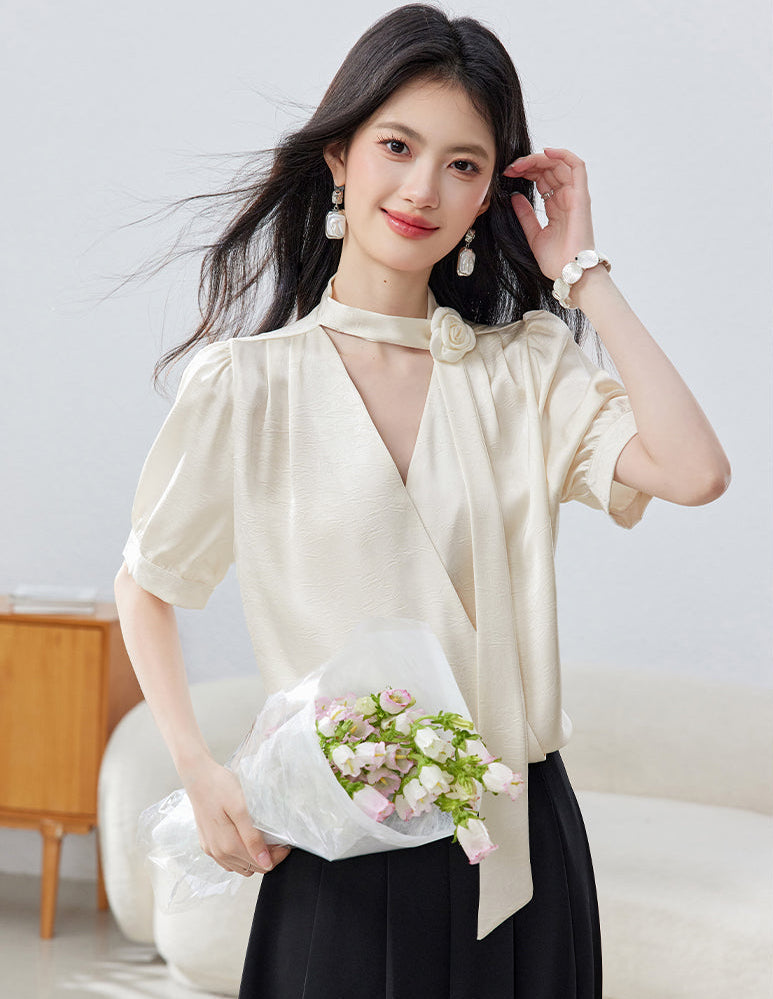 French Vintage Puff Sleeve  Choker Blouse
