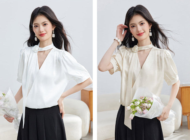 French Vintage Puff Sleeve  Choker Blouse