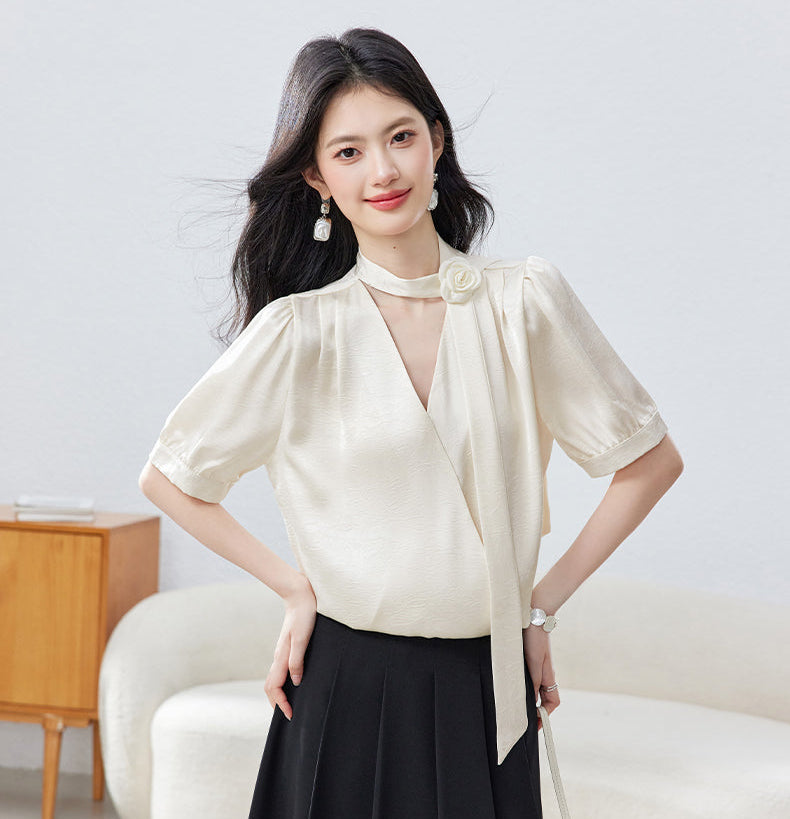 French Vintage Puff Sleeve  Choker Blouse