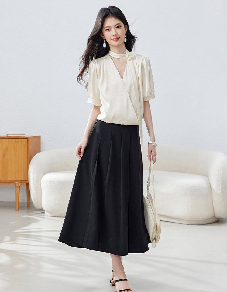 French Vintage Puff Sleeve  Choker Blouse