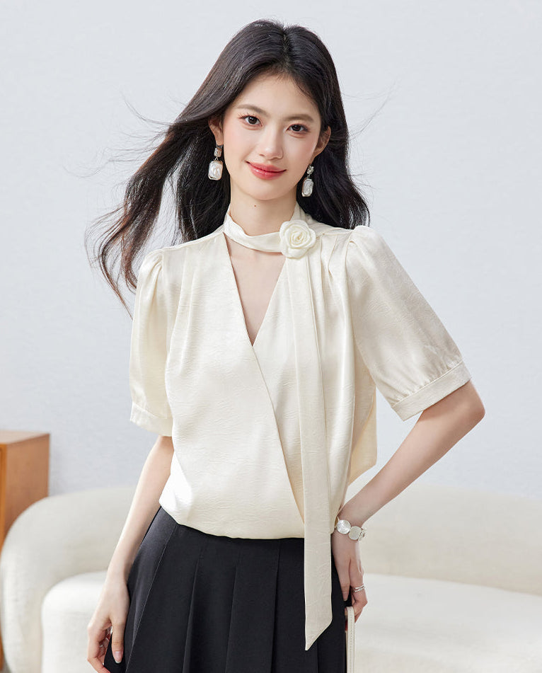 French Vintage Puff Sleeve  Choker Blouse