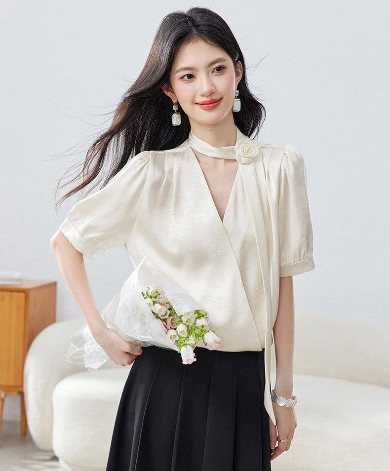 French Vintage Puff Sleeve  Choker Blouse