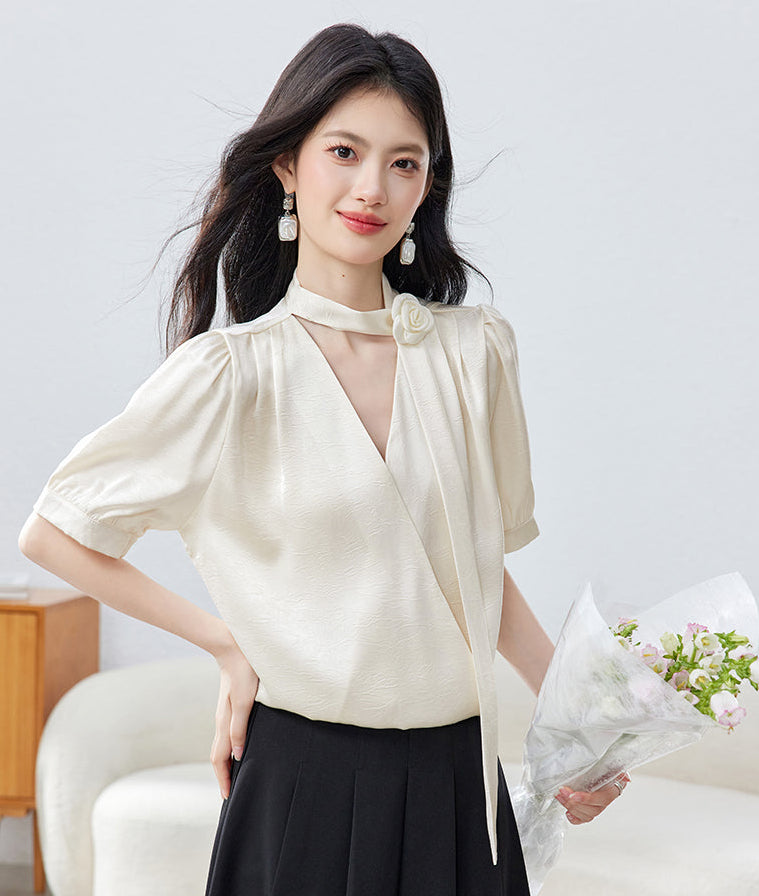 French Vintage Puff Sleeve  Choker Blouse