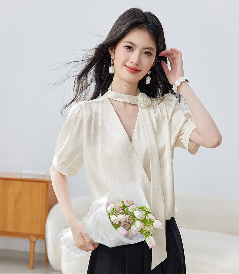 French Vintage Puff Sleeve  Choker Blouse