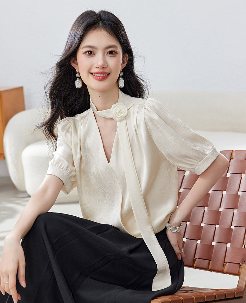 French Vintage Puff Sleeve  Choker Blouse