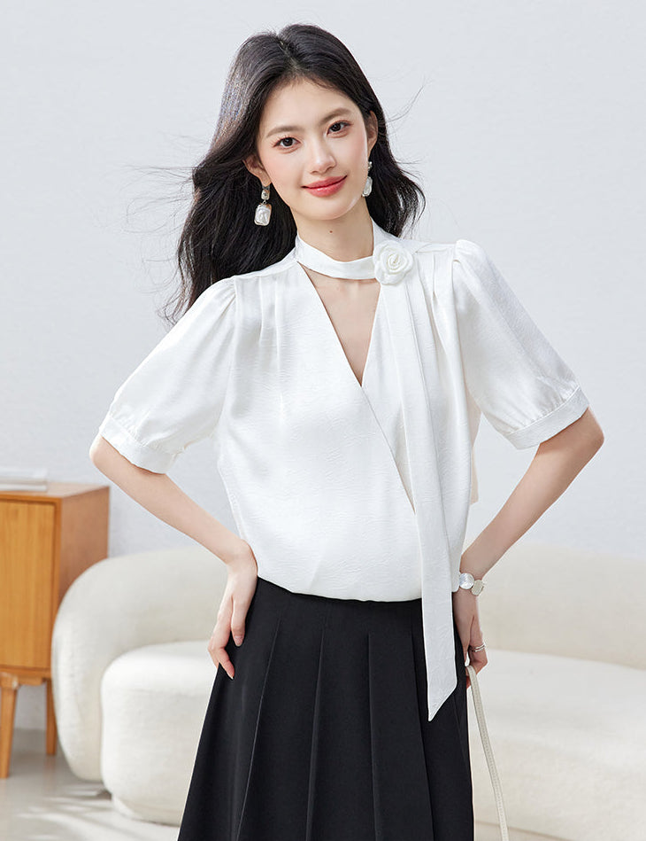 French Vintage Puff Sleeve  Choker Blouse