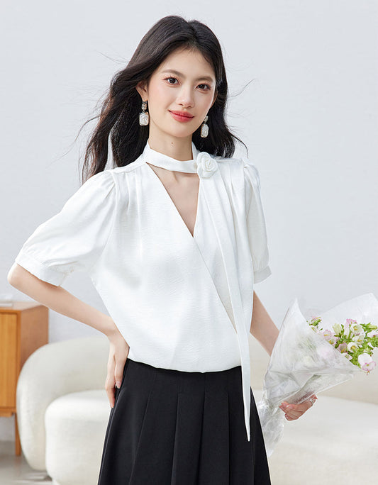 French Vintage Puff Sleeve  Choker Blouse