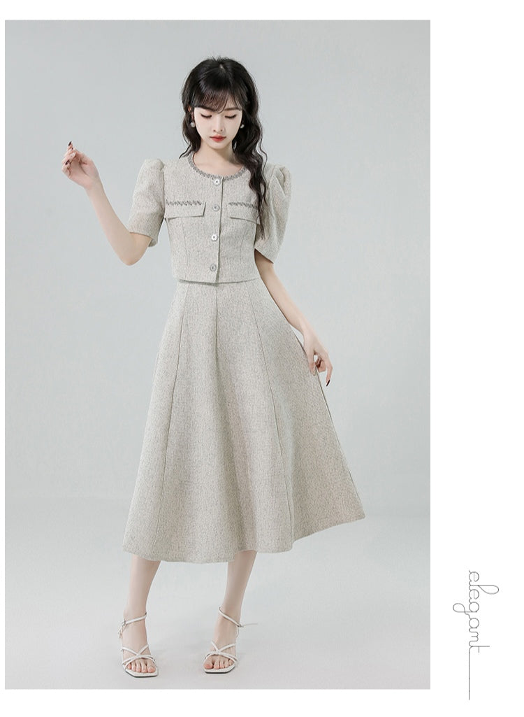Puff-sleeve Top + High Waisted Skirt Set