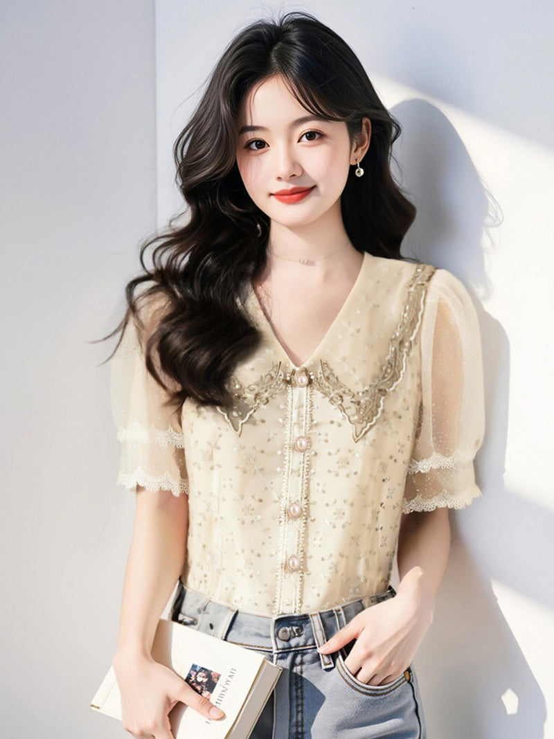 Elise Embroidered Mesh Puff-Sleeve Top