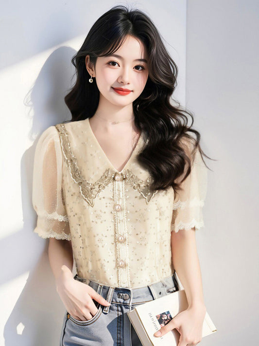 Elise Embroidered Mesh Puff-Sleeve Top