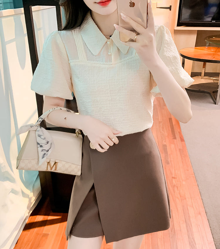 Vintage -Inspired Contrast Collar Puff Sleeve Blouse
