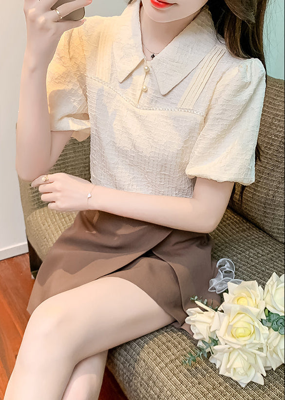 Vintage -Inspired Contrast Collar Puff Sleeve Blouse