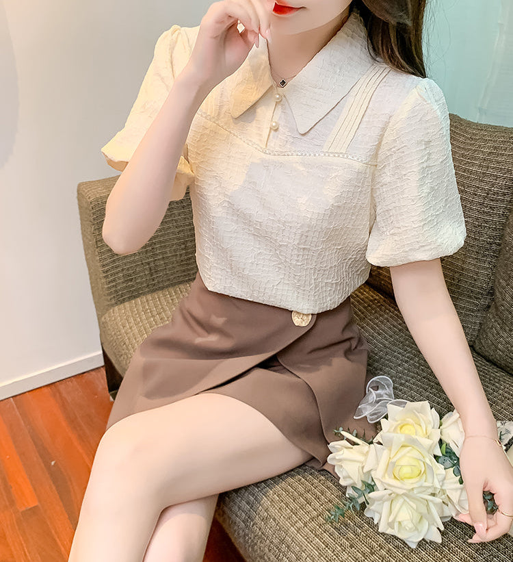 Vintage -Inspired Contrast Collar Puff Sleeve Blouse