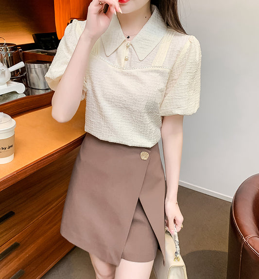 Vintage -Inspired Contrast Collar Puff Sleeve Blouse