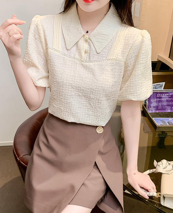 Vintage -Inspired Contrast Collar Puff Sleeve Blouse