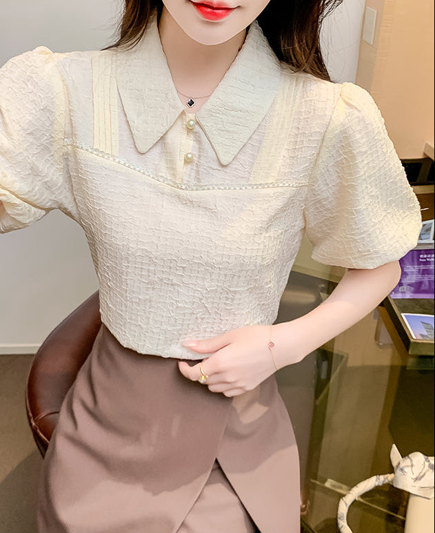 Vintage -Inspired Contrast Collar Puff Sleeve Blouse