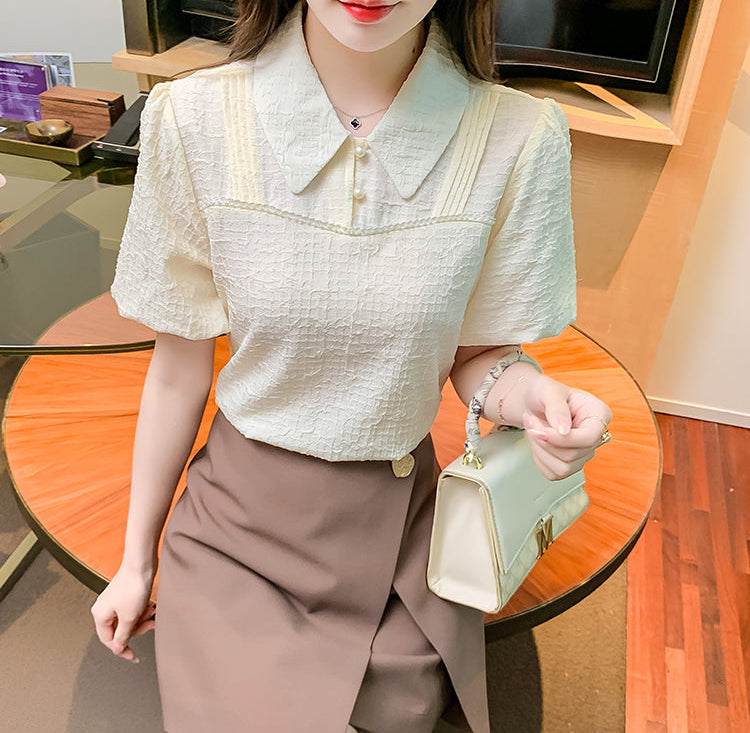 Vintage -Inspired Contrast Collar Puff Sleeve Blouse