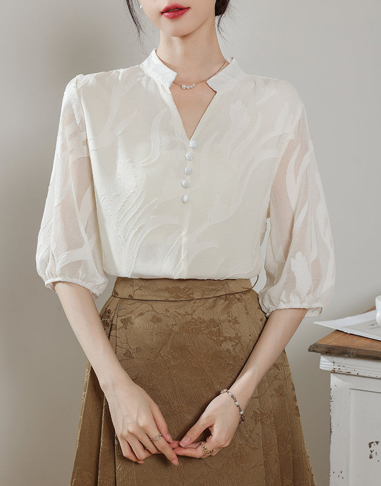 Ethereal Panel Puff-Sleeve Blouse