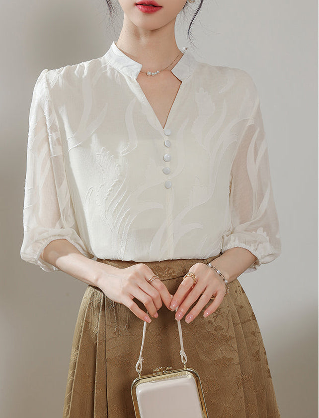 Ethereal Panel Puff-Sleeve Blouse