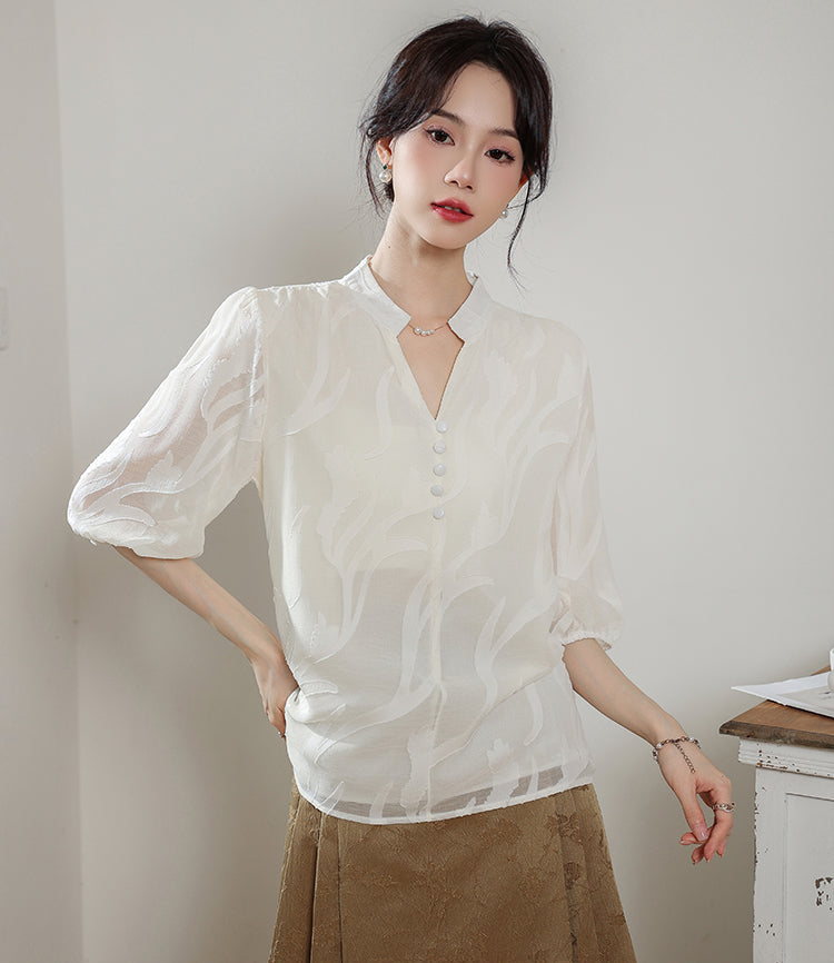 Ethereal Panel Puff-Sleeve Blouse