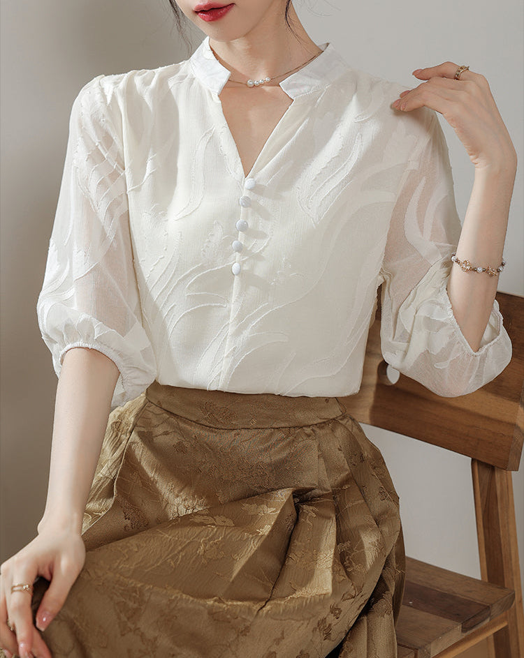 Ethereal Panel Puff-Sleeve Blouse
