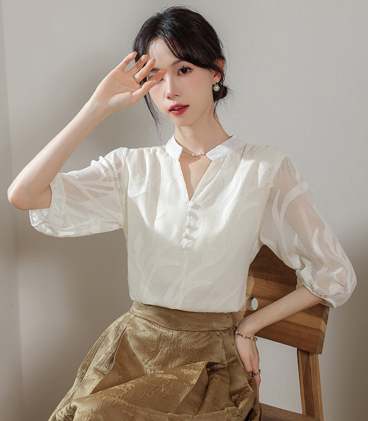 Ethereal Panel Puff-Sleeve Blouse