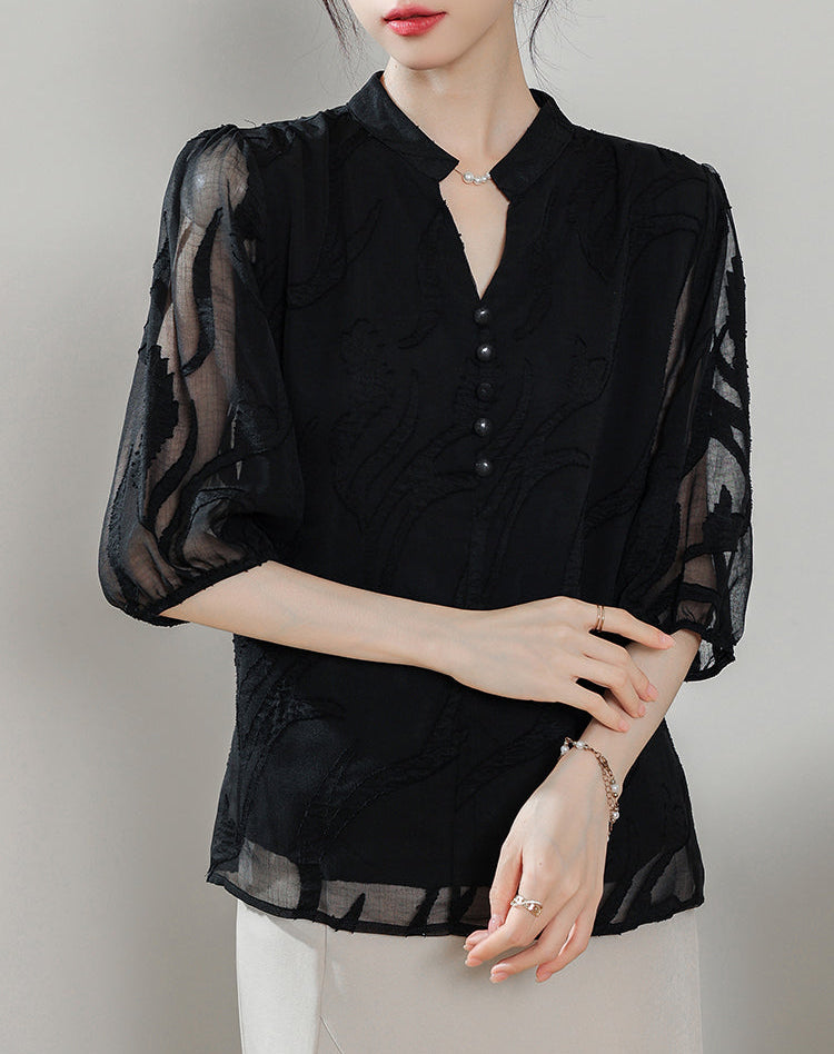 Ethereal Panel Puff-Sleeve Blouse