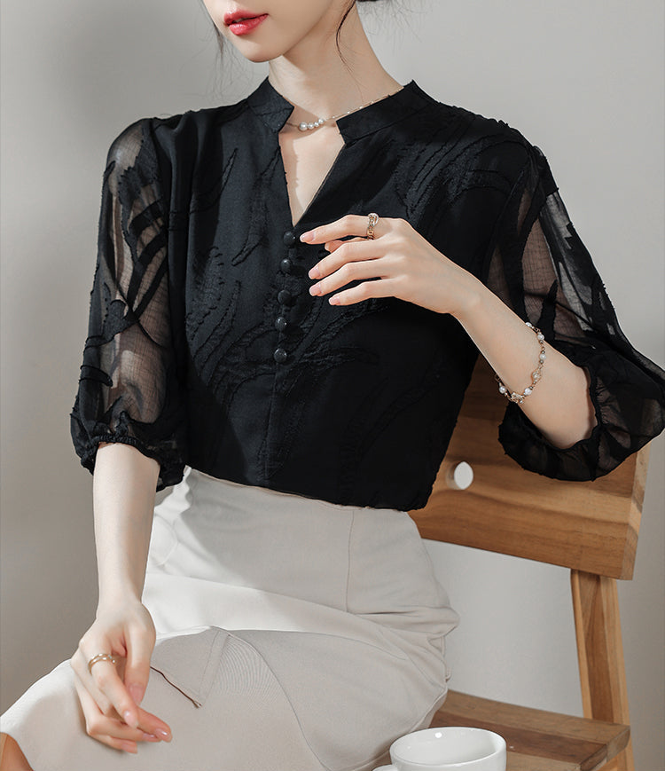 Ethereal Panel Puff-Sleeve Blouse