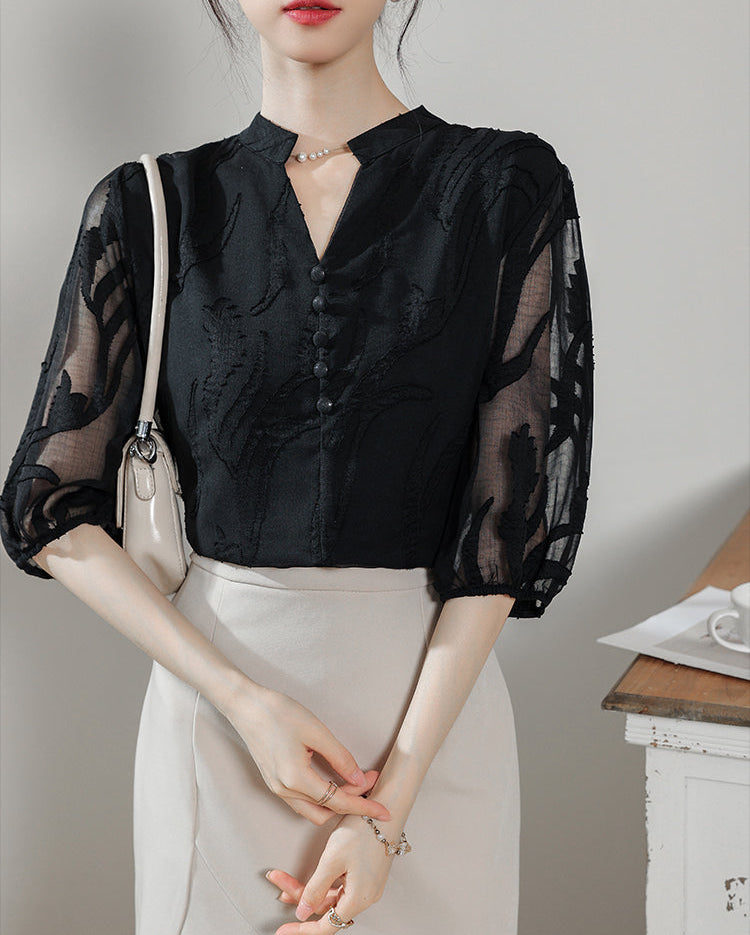 Ethereal Panel Puff-Sleeve Blouse