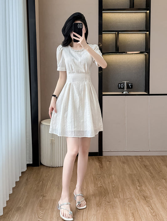 Summer Plissé High-Waist Fit & Flare Dress With Scalloped Neckline