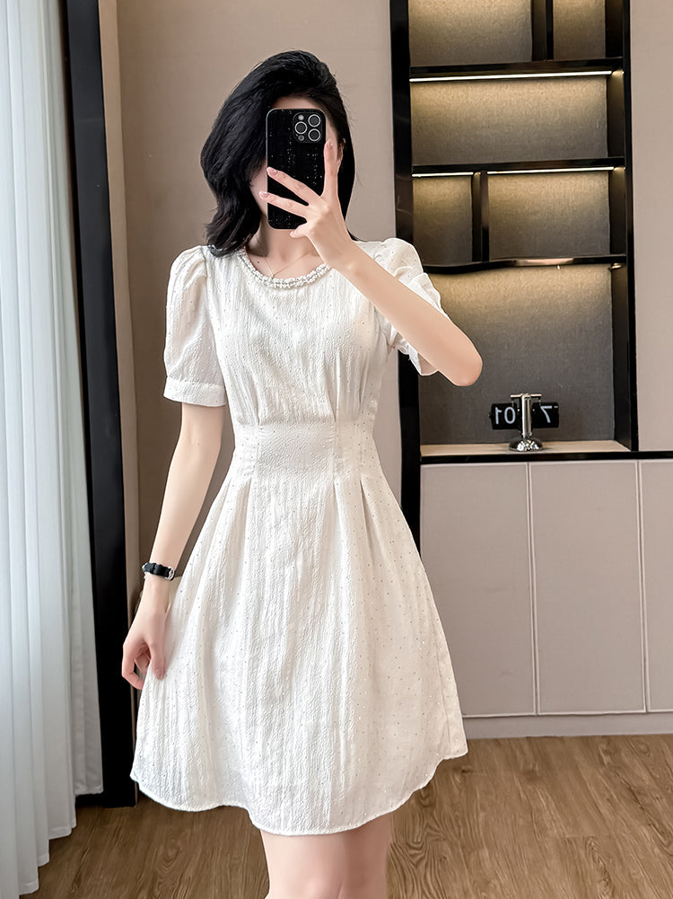 Summer Plissé High-Waist Fit & Flare Dress With Scalloped Neckline