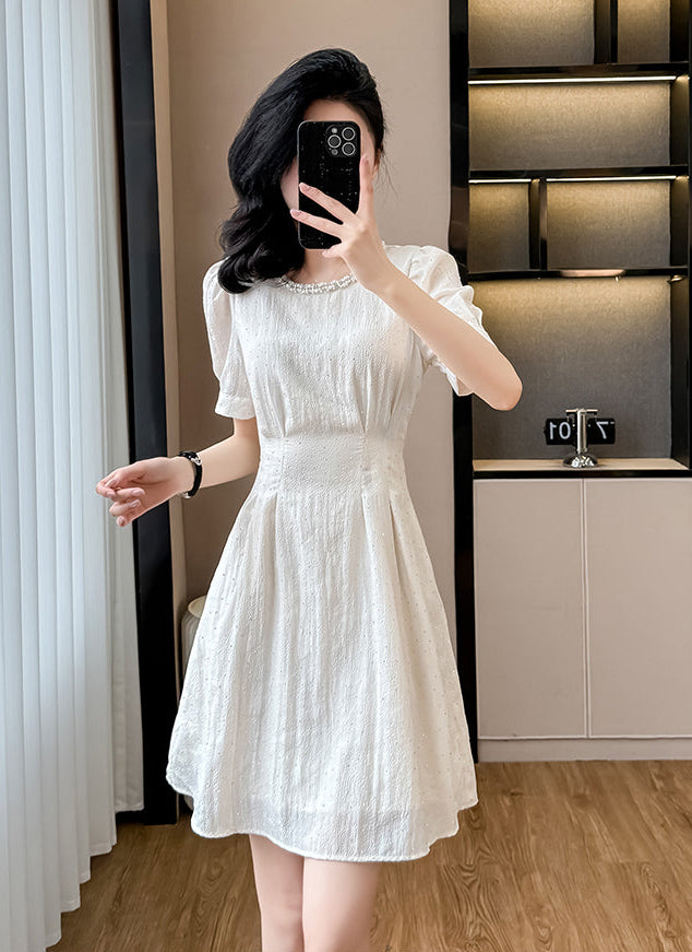 Summer Plissé High-Waist Fit & Flare Dress With Scalloped Neckline