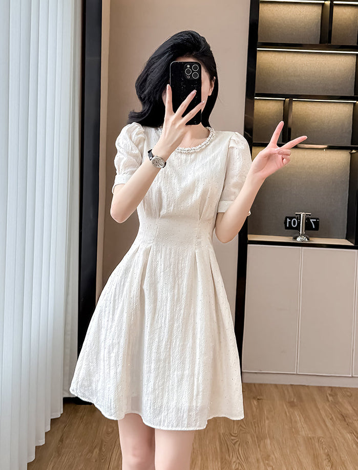 Summer Plissé High-Waist Fit & Flare Dress With Scalloped Neckline